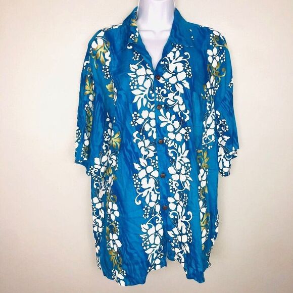 Hawaiian Aloha Tropical Shirt Shorts Set Mens XXL Blue White Floral TIKI - Picture 4 of 12